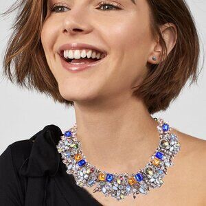 Women's Fashion Flower Statement Blue Crystal Glass Collar Choker Necklace